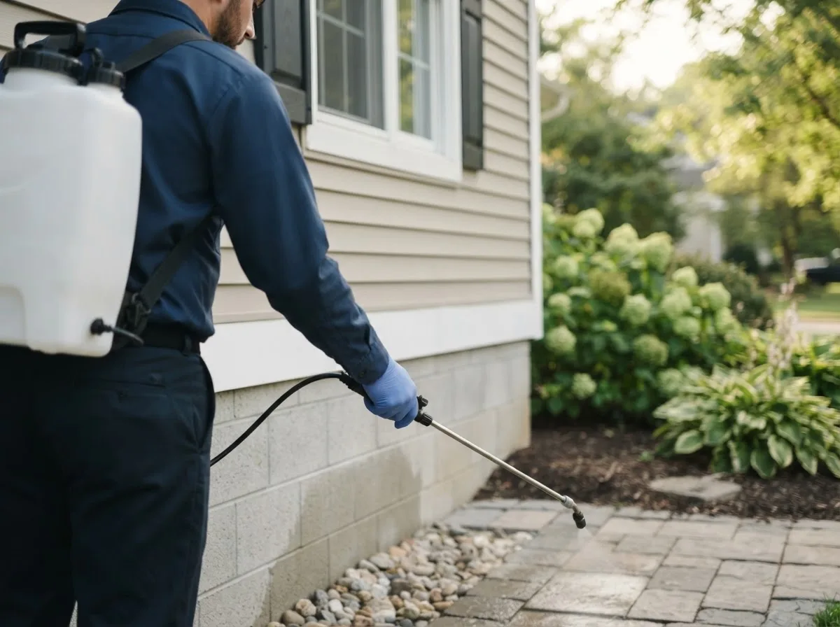 Pest control technician inspecting a home in Rock City, IL